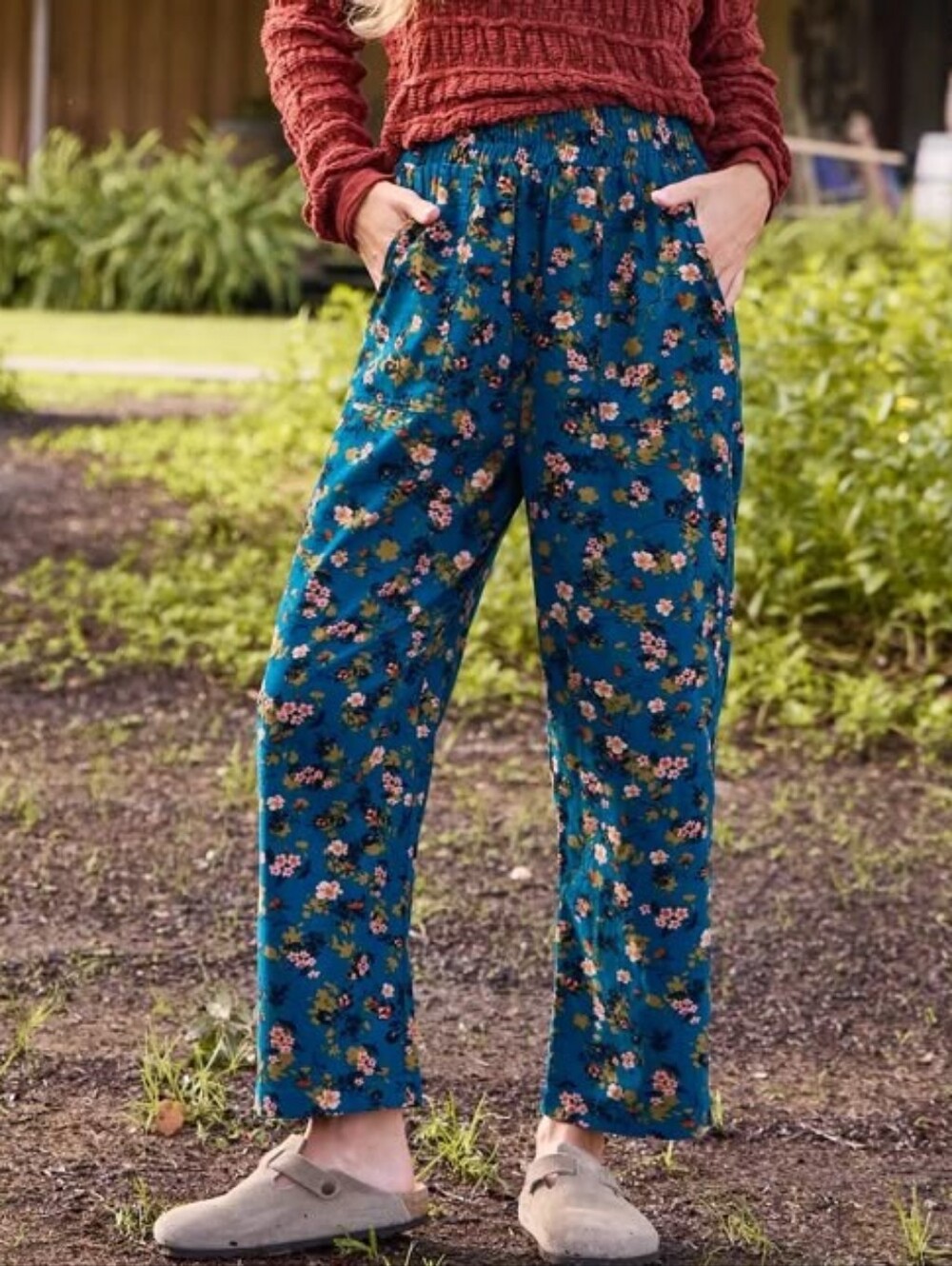 Natural Life Beckett Turquoise Floral Print Corduroy Pull On Pants Size Large
